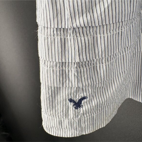 American Eagle Women's Pinstripe Bow Tie Tiered Summer Dress Size 6 Blue White - Picture 4 of 9